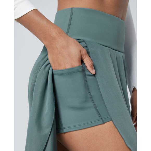 Halara High Waisted High Low Ruffle 2-in-1 Pocket Flare Mesh Maxi Skirt Sz XL Bl - Picture 7 of 11